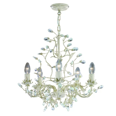 Image of Almandite 5 Light Multi Arm Ceiling Pendant Gold, Cream with Crystals Floral Leaves Design, E14