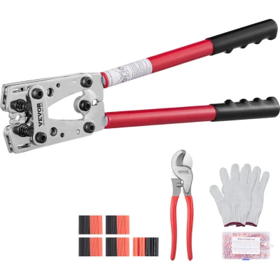 Image of VEVOR Battery Cable Lug Crimping Tool, 10 1/0AWG with Cutter and 95PCS Copper Ring Terminals, 6 Wire Sizes Die 100pcs Heat Shrink Tubes, for Heavy Duty Lugs