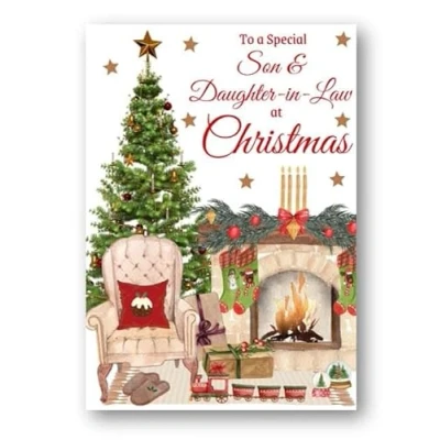 Image of Second Ave Son &amp; Daughter in Law Christmas Home Fireplace Xmas Holiday Festive Greetings Card