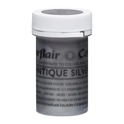 Image of Sugarflair Antique Silver Satin Food Colouring Paste, Highly Concentrated for Use with Sugar Pastes, Buttercream, Royal Icing or Cake Mix, Vibrant Colour Dye 25g