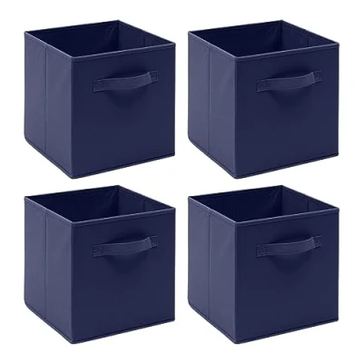 Image of BonChoice Foldable Storage Cubes Boxes Pack of 4 with Handle for Home Organization, Fabric Wardrobe Box Organizer Basket Bins Clothes Bedding Toys Towels, Collapsible &amp; Durable Dark Blue