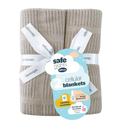 Image of Silentnight Safe Nights Baby Blanket Pack of 2 Soft 100% Cotton Cellular for Newborn Ideal Cot, Crib, Moses Basket and Pram Essentials Grey