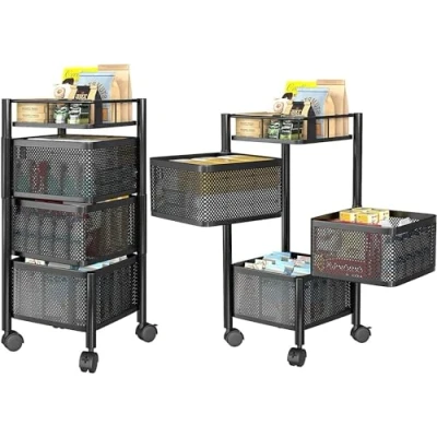 Image of 4 Tier Storage Rack Kitchen Rotating Vegetable Serving Trolley Cart Shelf Fruit Basket with Wheels Square