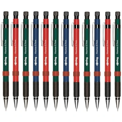 Image of rOtring Visumax Mechanical Pencils 0.7mm Pack of 12 Refillable Twist Out Eraser Rubber Grip Assorted Barrel Colours