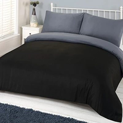 Image of Brentfords Plain Dye Duvet Cover with Pillowcase Reversible Bedding Set Black Grey Double
