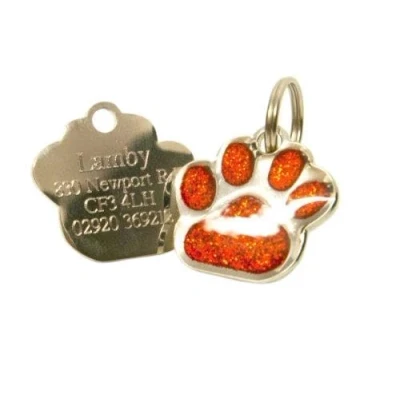 Image of 27mm Glitter Paw Dog Pet ID Tag Disc (Dark Orange) Enter Your Own Custom Text