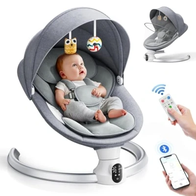 Image of Aoykkii Electric Baby Bouncer Chair with Mobile App Control,Remote Control and IMD Touch Panel,Electric Swing 5 Amplitudes 3 Stage Timer,Soft Padded Lamb Newborn (Grey)
