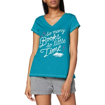 Image of Hatley Women&#039;s Short Sleeve Pyjama Top Pajama Top, So Many Books Little Time Book Club, L