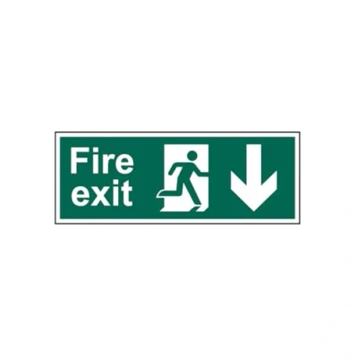 Image of Double Sided Fire Exit Safety Sign, Arrow Down, 3mm Foamex Board, Pre Drilled Holes For Hanging, 450mm x 150mm