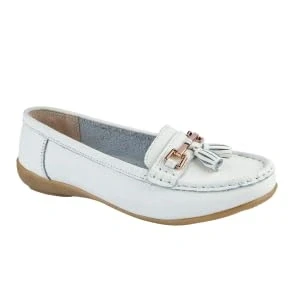 Image of Jo &amp; Joe Ladies Wide Fit Flat Leather Tassel Moccasins Loafer Nautical Shoe Plimsole Pumps Womens. White Size 7