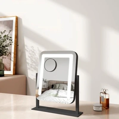 Image of EMKE Hollywood Makeup Mirror with Lights, 30 x 36 cm Small Lighted Vanity 360Rotation 3 Color Lighting Modes, 7X Magnifying Dimmable Strip Light, Black