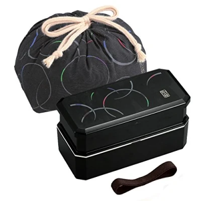 Image of OSK Japanese Bento Lunch Box &quot;Waon&quot; Waves Black with Chopsticks and Carry Bag by PW 6+KB 1