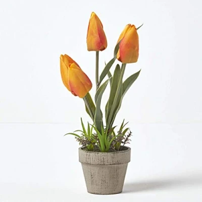 Image of HOMESCAPES Orange &amp; Red Artificial Tulips Plant In Rustic Grey Stone Pot 27cm Tall Faux Decorative Potted With Lifelike Leaves For Indoor Decoration