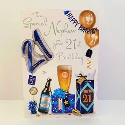 Image of Jonny Javelin Special Nephew 21st Birthday Card Age 21 Balloons Presents Beer