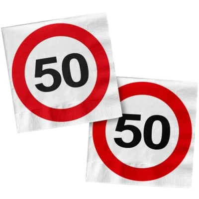 Image of Folat 28375 Napkins 50th Birthday Red White Traffic Sign 33 x cm Pack of 20 Paper Table Decoration