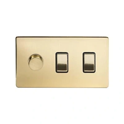 Image of Soho Lighting Brushed Brass 3 Gang Light Switch with 1 dimmer (2X 2 Way &amp; Trailing Dimmer) Blk Ins Screwless