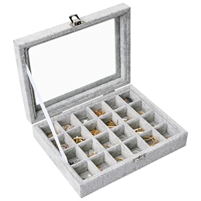 Image of 24 Grids Velvet Jewellery Tray, Detachable Jewelry Showcase Box, Earring Storage Box With Compartments, Clear Lid Display Tray For Ring Brackets Necklace Holder Organizer (Grey)