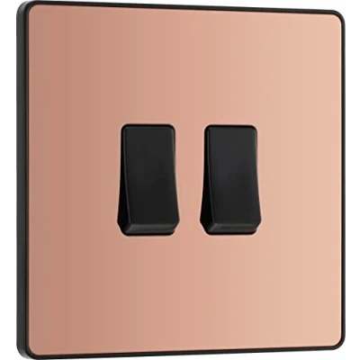 Image of BG Electrical Double Wall Light Switch, 2 Way, Screwless Front Plate, Round Edges, Evolve, Polished Copper, 20A, 16AX, PCDCP42B