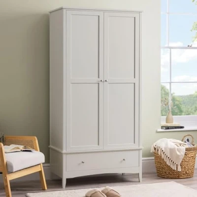 Image of CHRISTOW Double Wardrobe with Drawer, Soft Shut 2 Door Storage Cupboard, Modern Wooden MDF Bedroom Furniture, Clothes Rail, Shelf, Brushed Chrome Handles, Natural Stone Colour (185cm x 94.5cm 50cm)