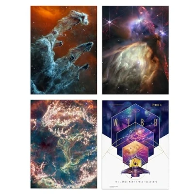 Image of Artery8 Pack of 4 NASA James Webb Space Telescope Pillars Creation Rho Ophiuchi Cloud Complex Cassiopeia A Images Unframed A4 Wall Art Living Room Prints Set