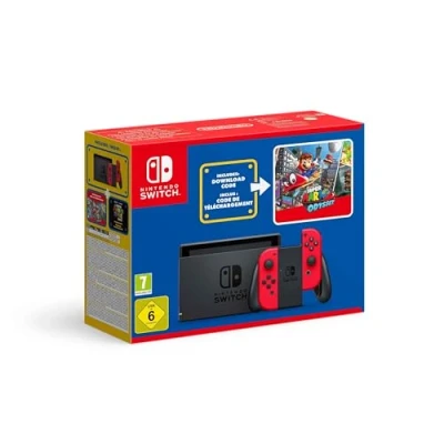 Image of Nintendo Switch (Red) + Super Mario Odyssey Download Code The Bros. Movie Stickers