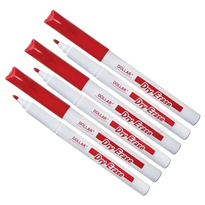 Image of Dry Erase Markers, Bullet Tip, RED, Pack of 5, Whiteboard Marker Pens, 1.0mm Medium Point, BroadMark 1.0 Wipe ZOFAX Black Ball Pen