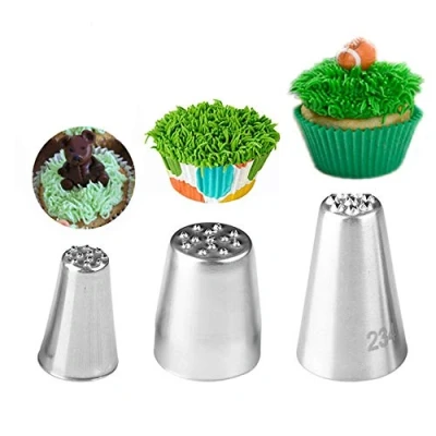 Image of Cake Decorating Tips, 3 Pcs Set Grass Nozzles Stainless Steel Icing Piping for Pastry Fondant Tools (Grass)
