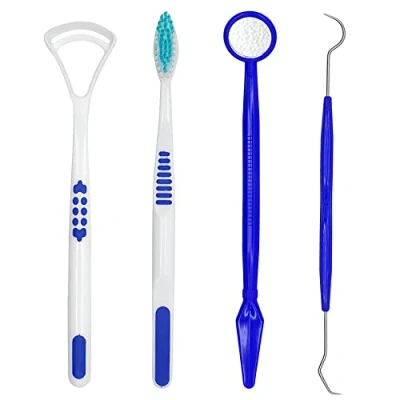 Image of 4 Pcs Dental Care Kit in Blue Colour, Oral Cleaning Tool Set, Pick, Mirror, Tongue Cleaner and Toothbrush, Plaque Removal Tools, Ideal for Travel or Small Bathrooms