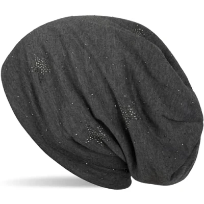 Image of styleBREAKER Beanie hat with Rhinestone Stars and All Over Rhinestones, Slouch Long Beanie, Women 04024116, Colour:Mottled Dark Grey