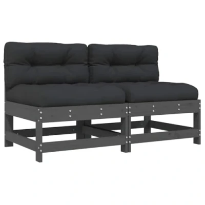 Image of vidaXL Middle Sofas with Cushions 2 pcs Grey Solid Pine Wood, Outdoor Modular Backrest and Removable Oxford Fabric