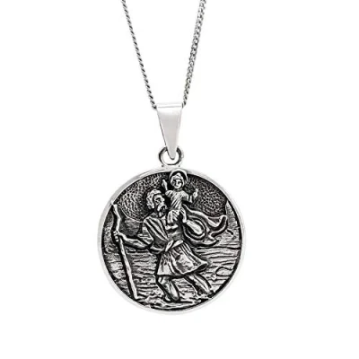Image of Sterling Silver Round Coin Traveller St. Christopher Pendant Necklace