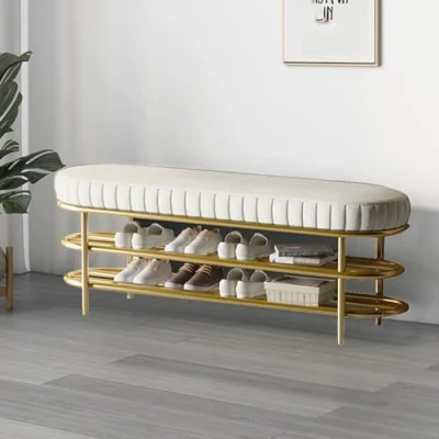 Image of YDkjwjw Modern Shoe Bench with Leather Padded Cushion Seat, Metal Frame Rack Storage 2 Tier Shelves Organizer for Entryway Living Room Bedroom Hallway