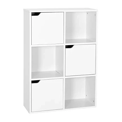Image of Mondeer Bookcase White, 6 Cube Storage Unit, 3 Tier Bookshelf with Doors, Wooden Shelf Organiser Display Cabinet for Living Room, Bedroom, Home Office, 60 x 30 90 cm