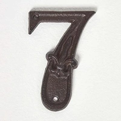 Image of HOMESCAPES Cast Iron Door Number 7 Decorative Antique Brown Finish House with Fleur De Lis Traditional Hand Design H 11.8 x W 8 cm