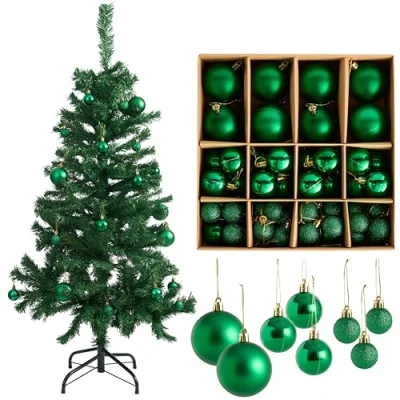 Image of THE TWIDDLERS 1 4ft / 1.2m Christmas Trees with Strong Metal Stand and 260 Tips &amp; 50 Pack Green Baubles Assorted Sizes Finishes 6cm, 4cm, 3cm