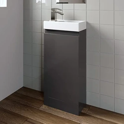 Image of BAYSTONE 400mm Cloakroom Vanity Unit Basin Sink Grey Gloss Bathroom Storage Cabinet Cupboard