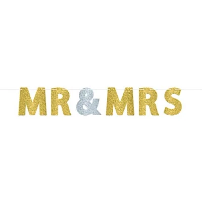 Image of (PKT) Adult 1 Mr &amp; Mrs Glitter Letter Banner Wedding Sign