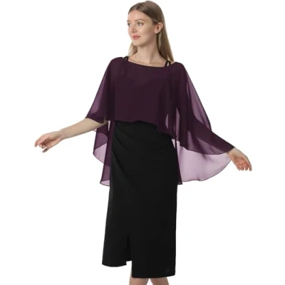 Image of Hotshawl Capelets for women Chiffon Cape Shawls and Wraps Evening Dress Wedding Capes Cover Up, Plum, One Size