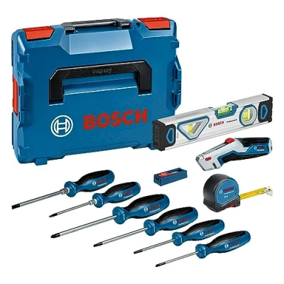 Image of Bosch Professional 13 Pieces Handtools Kit (incl. 6X Screwdrivers, 1x Tape Measure 5m, Level 25cm, Knife, 10x Spare Blades, in L BOXX)