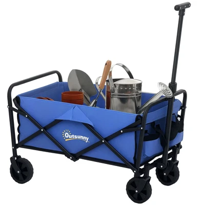 Image of Outsunny 62L Festival Trolley on Wheels, Garden Folding Cart, 120kg Heavy Duty Collapsible Wagon with Adjustable Handle and Carrying Bag for Beach, Camping, Festival, Blue