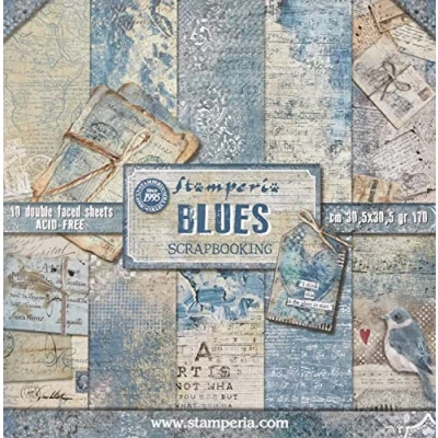 Image of Stamperia International KFT Pack 10 Sheets Double face Blues, Multicoloured, 30.5 x (12&quot; 12&quot;)