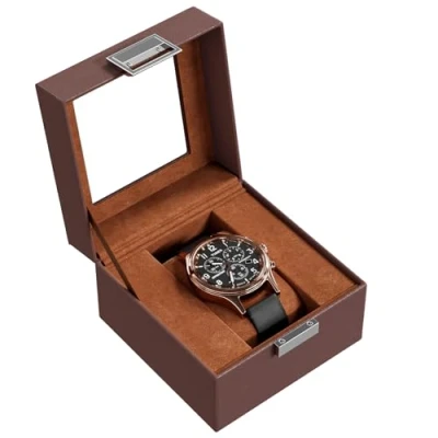 Image of ProCase Watch Box for Men, Single Display Case Mens Organizer, Cases Men Storage, Holder Organizer with Glass Lid 1 Slot, Espresso