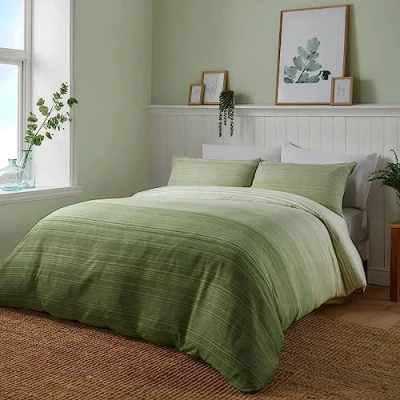 Image of Fusion Contemporary Green Duvet Cover King Bedding Size (230 x 220cm) Reversible Design Ombre Sage Light Stripe Lines