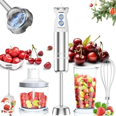 Image of Hand Blender, 5 in 1 Stainless Steel Electric Stick Blender 1000W, 12 Speeds Adjustable, Baby Food with Egg Whisk, Frother, 500ml Chopper, 600ml Measuring Cup, BPA Free Processor