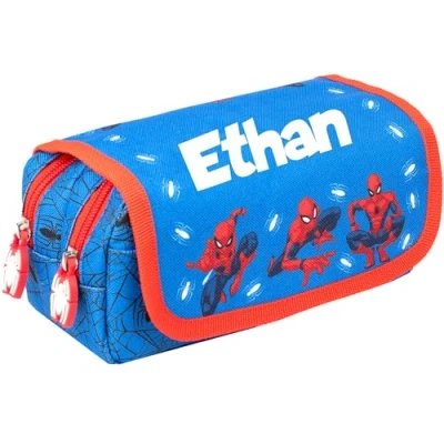 Image of Marvel Spiderman Personalised Pencil Case, Blue School Case for Boys, 2 Large Compartments Stationery Pouch