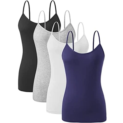 Image of Ymmchy Women Camisoles Adjustable Spaghetti Strap Tank Tops Basic Undershirt 4 Pack Black/Gray/White/DB XL