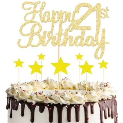Image of 8 Pcs Gold Happy 21st Birthday Cake Topper, 1 Topper and 7 Star Cupcake Toppers, Glitter for Anniversary Party Supplies