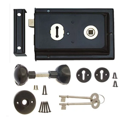 Image of Rim Lock and Handle Set Sash Lock, Shed Door with Key Gate Locks for Wooden Gates External Doors Garden Key, Knob 6 x 4