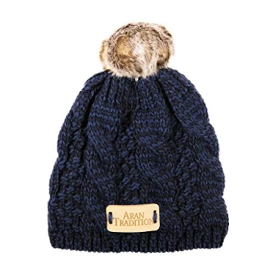 Image of Aran Traditions Kids Age 7/9 Years Warm Winter Cable Knit Faux Fur Bobble Beanie Hat (Navy)