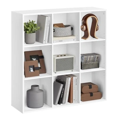 Image of VASAGLE Bookcase, Wooden Bookshelf with 9 Compartments, Floor Standing Storage Unit for Files, Decor, In Study, Living Room, Bedroom, 30 x 97.7 97.5 cm, White LBC177W01